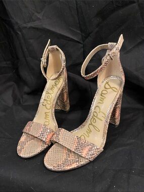 Sam Edelman Coral Pink Snake-Print Ankle Strap Block Heels